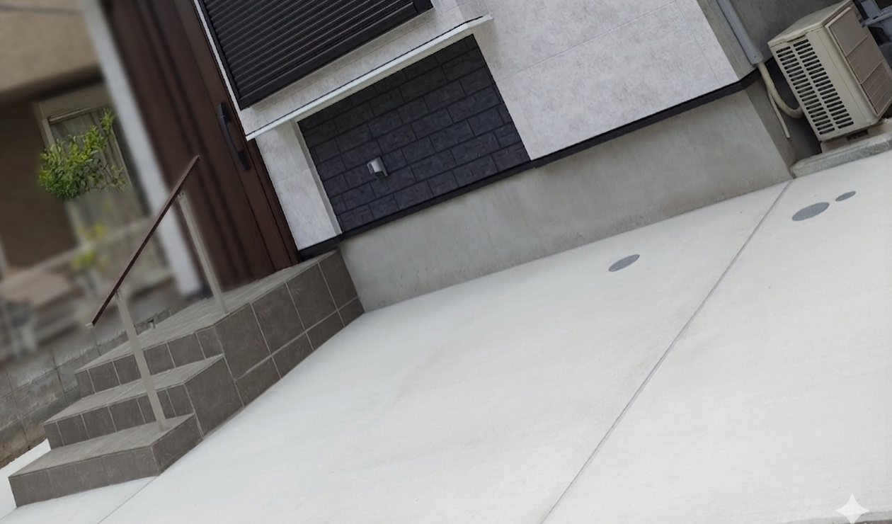 完成した外構全景。土間コンクリート、3段の玄関ポーチ、補助手すりが揃い、外壁との一体感を意識した最終形に