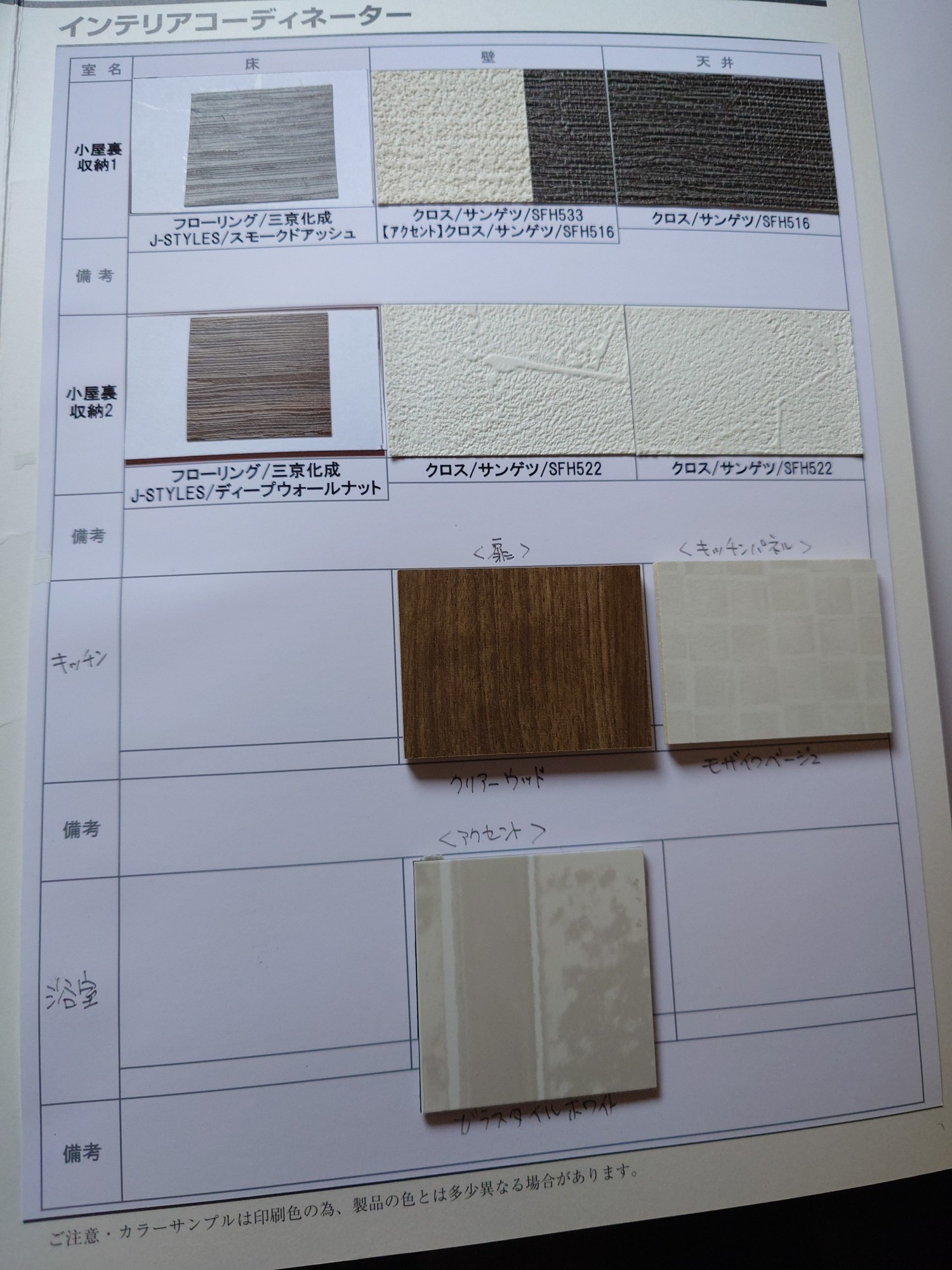 ICボード中面：部屋ごとに床・壁・天井のサンプル実物と品番が貼られたページ