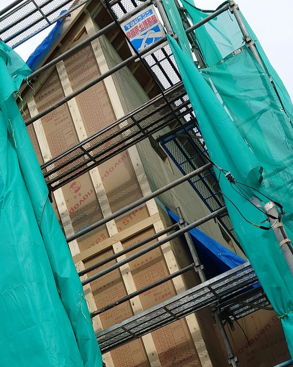上棟中の建物。枠材と面材が一体化した壁パネルで組み上げられている